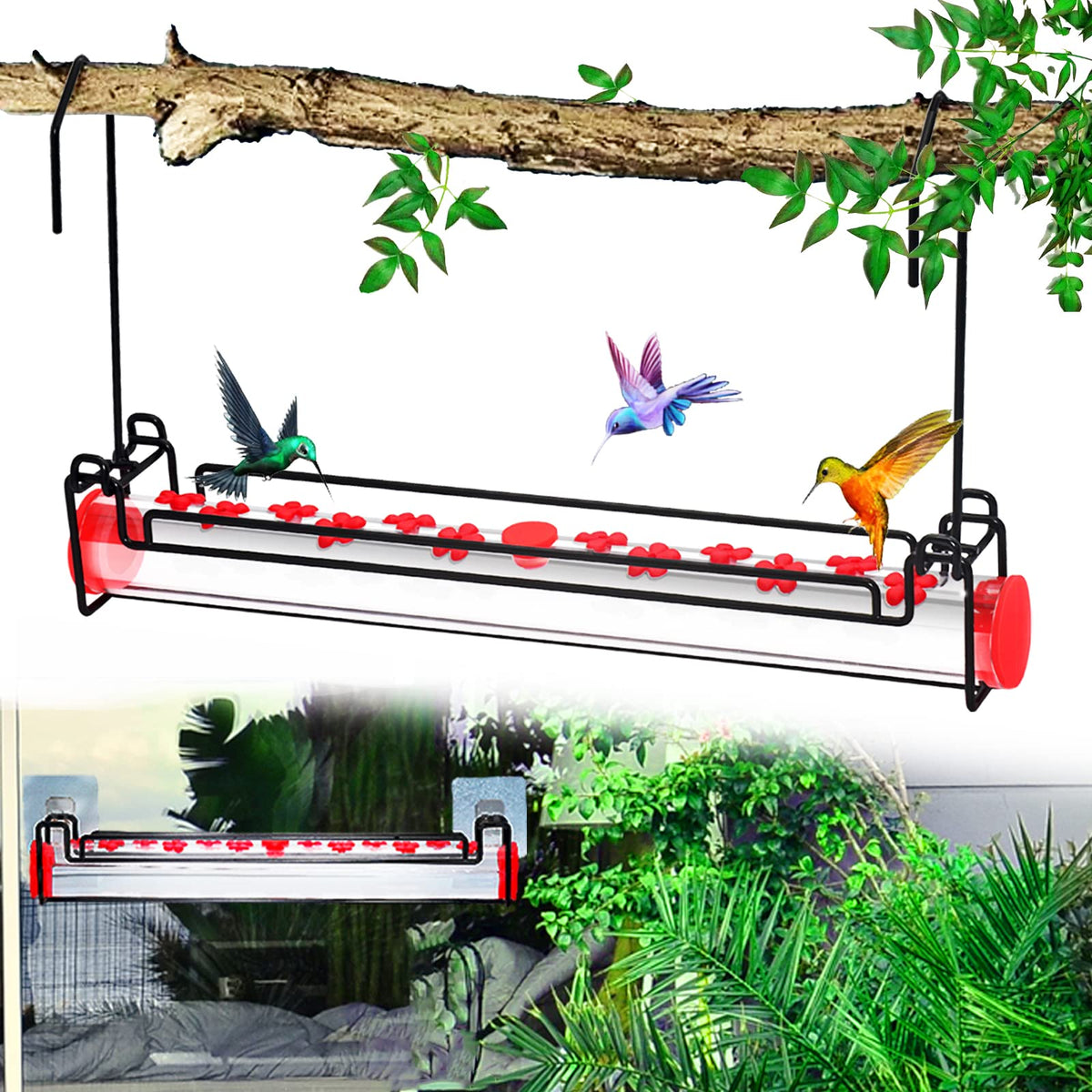 Yewacne hummingbird feeder on hanging mount with clear tube.