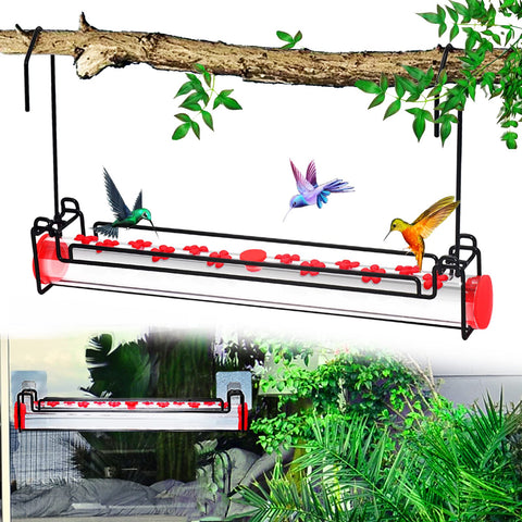 Yewacne hummingbird feeder on hanging mount with clear tube.