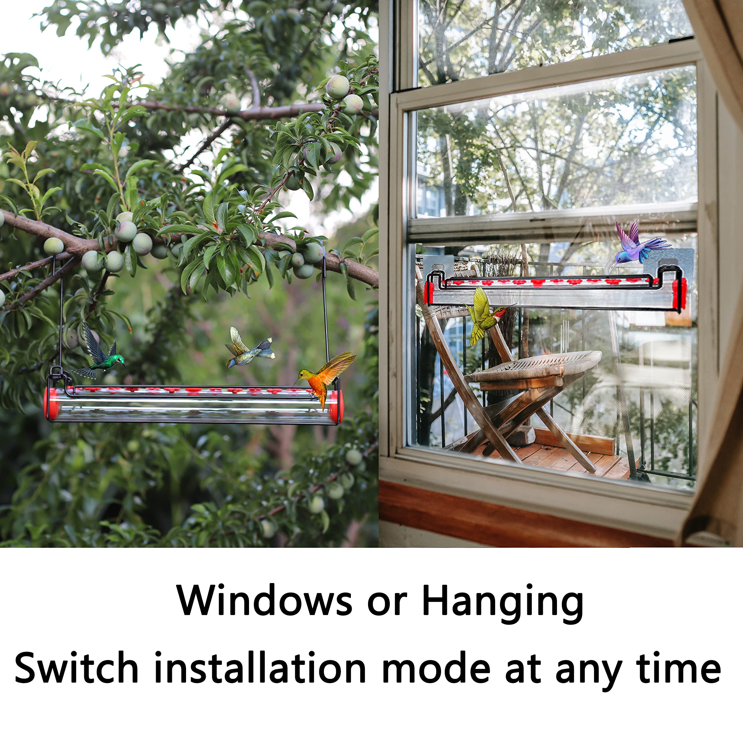 Yewacne hummingbird feeder mounted by a window for close viewing.