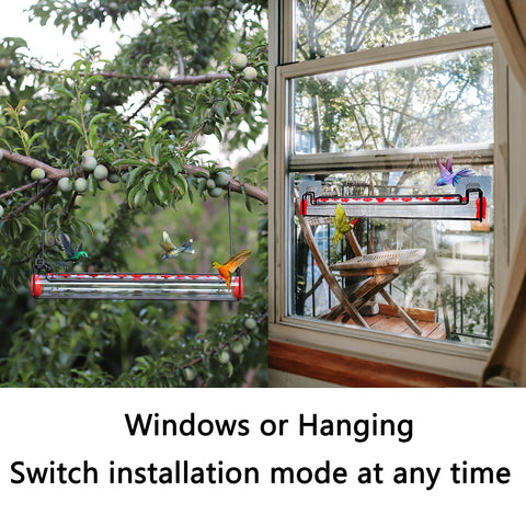 Yewacne hummingbird feeder mounted by a window for close viewing.