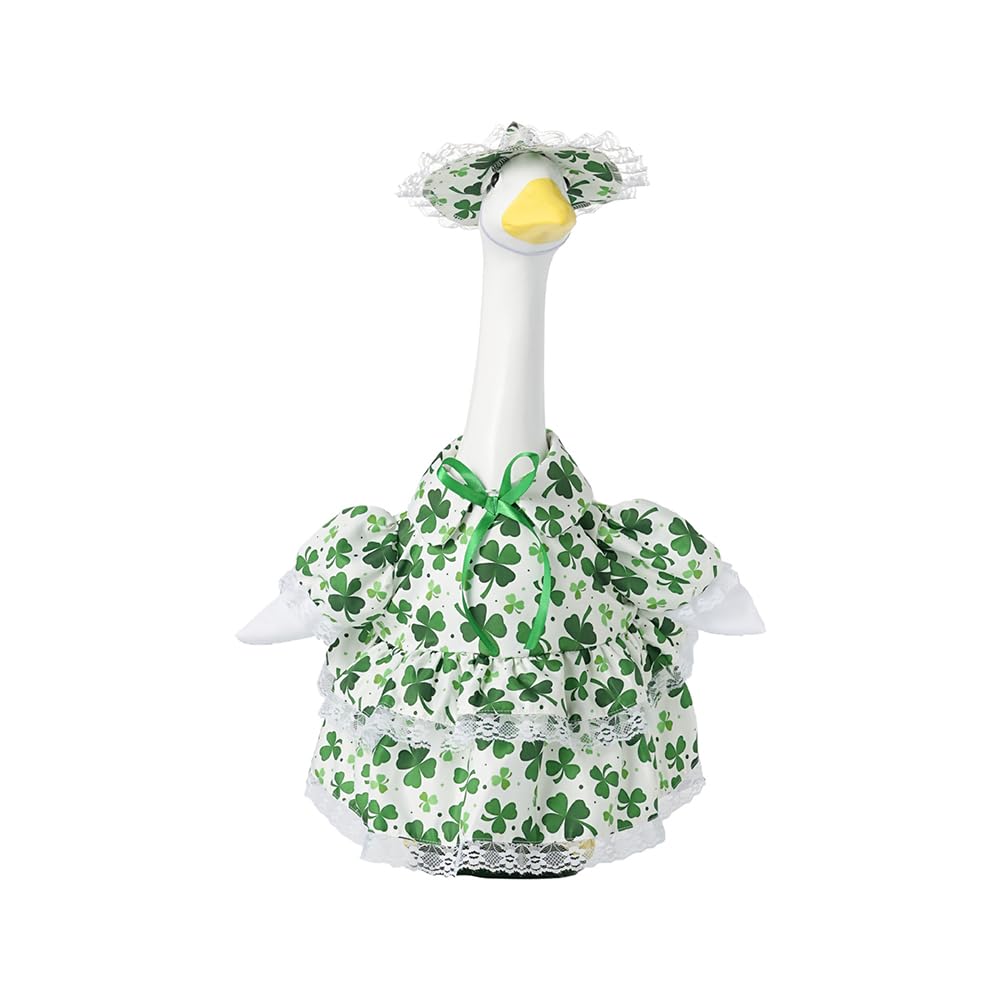 Yeweian shamrock-green goose outfit on a porch goose for outdoor St. Patrick's decor.