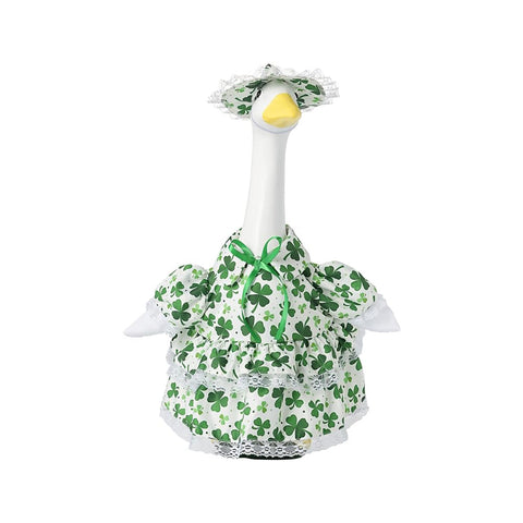 Yeweian shamrock-green goose outfit on a porch goose for outdoor St. Patrick's decor.