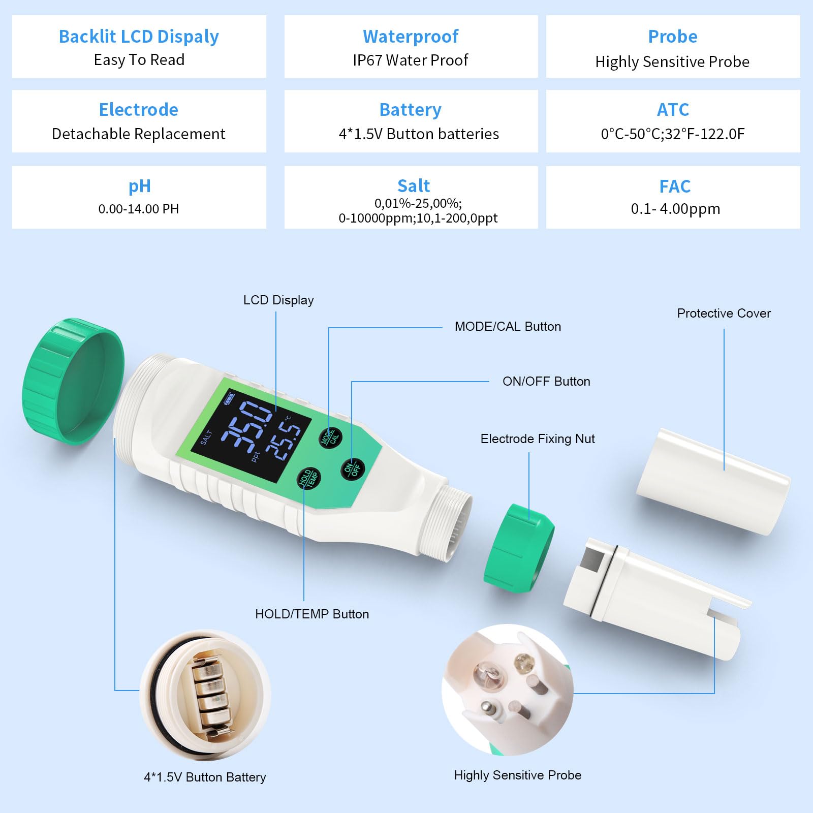 Yewhick digital tester reading chlorine level for safe pool water.
