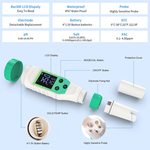 Yewhick digital tester reading chlorine level for safe pool water.
