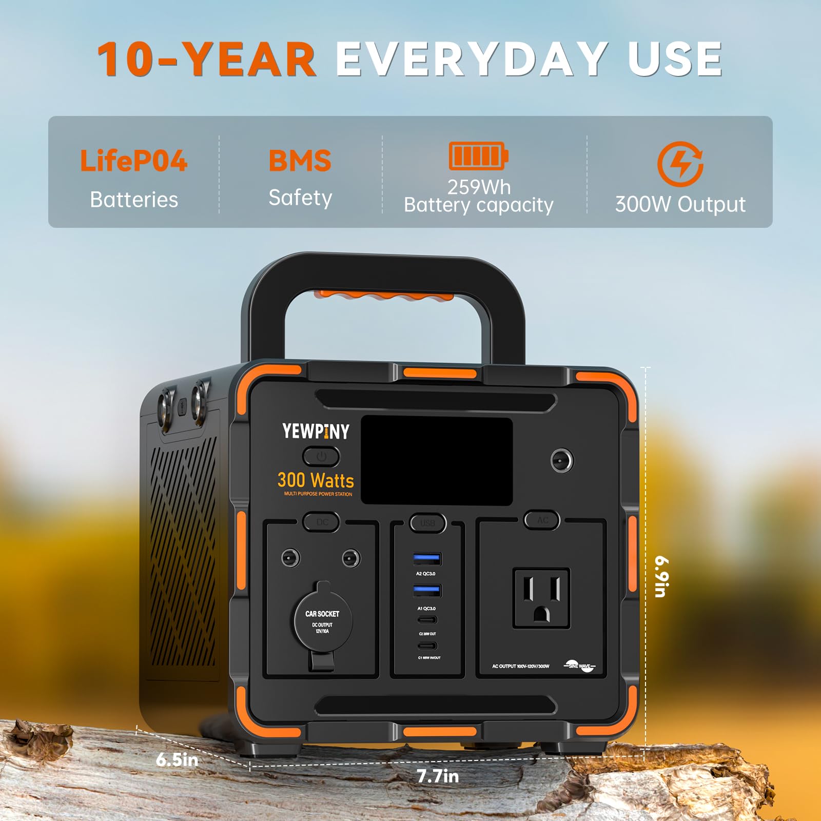 Yewpiny EM300 USB C PD ports enable fast charging for laptops and tablets.