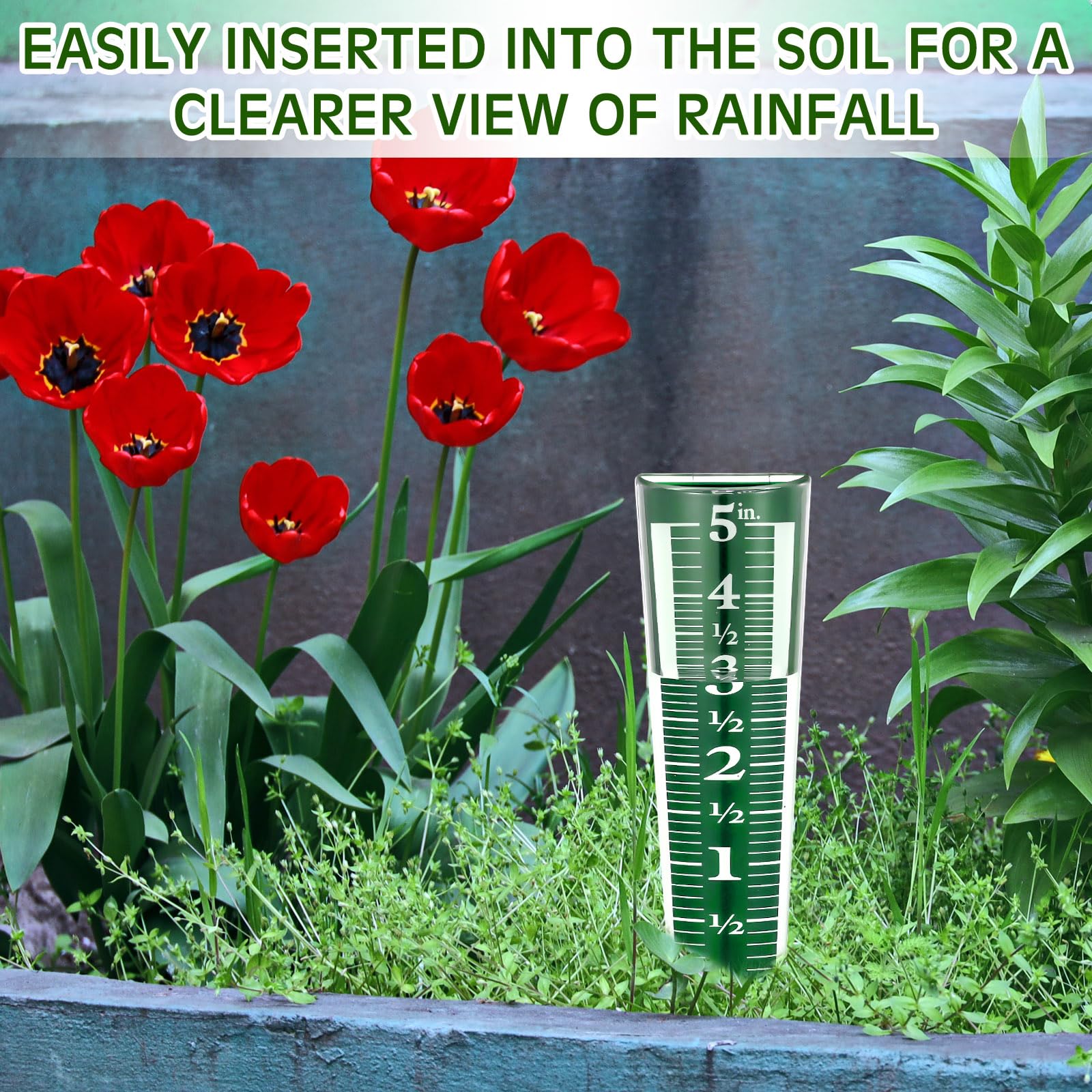 Yexiya green rain gauge helps monitor rainfall on lawn and driveway.