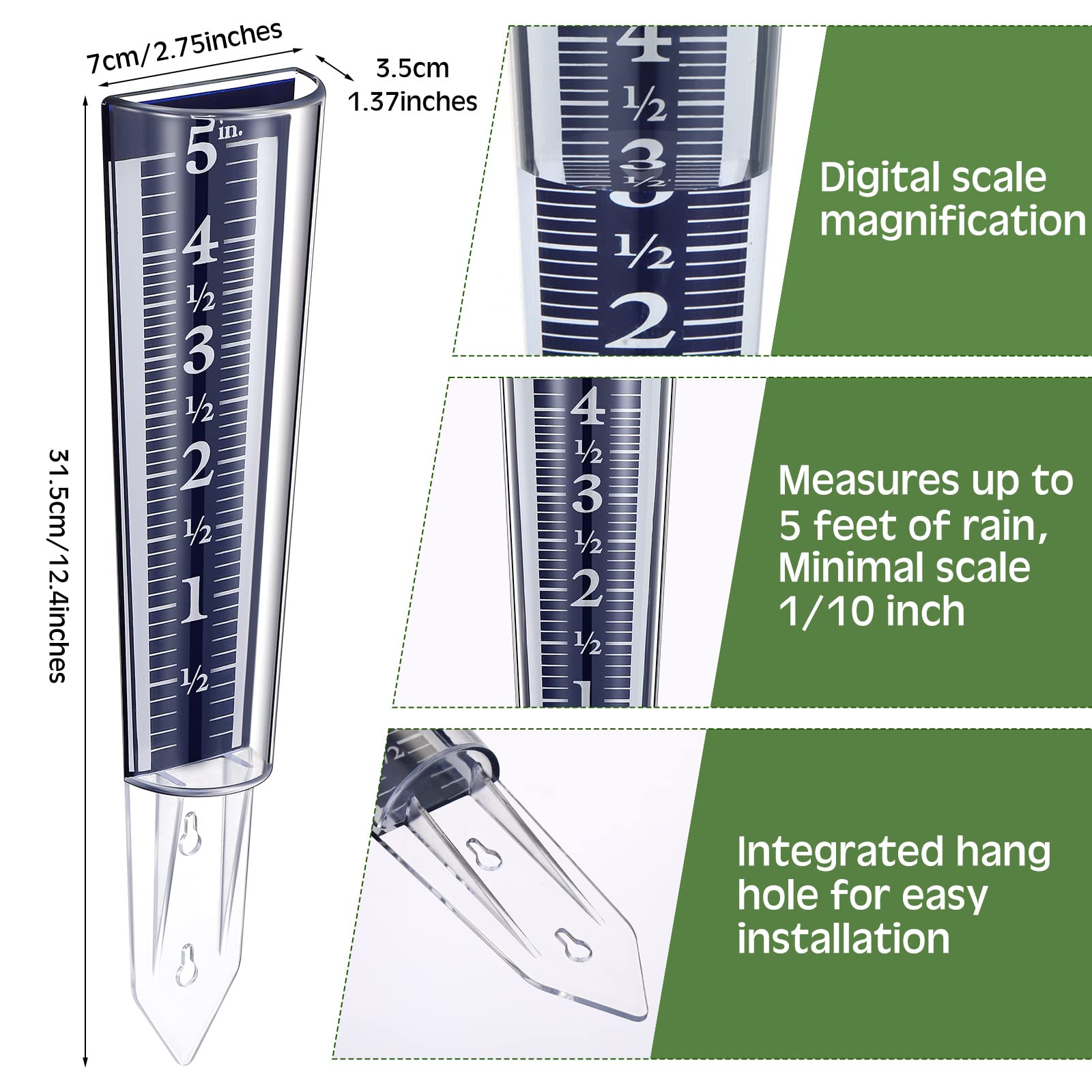 Yexiya rain gauge blue four-pack side view showing magnified scale for clear readings.