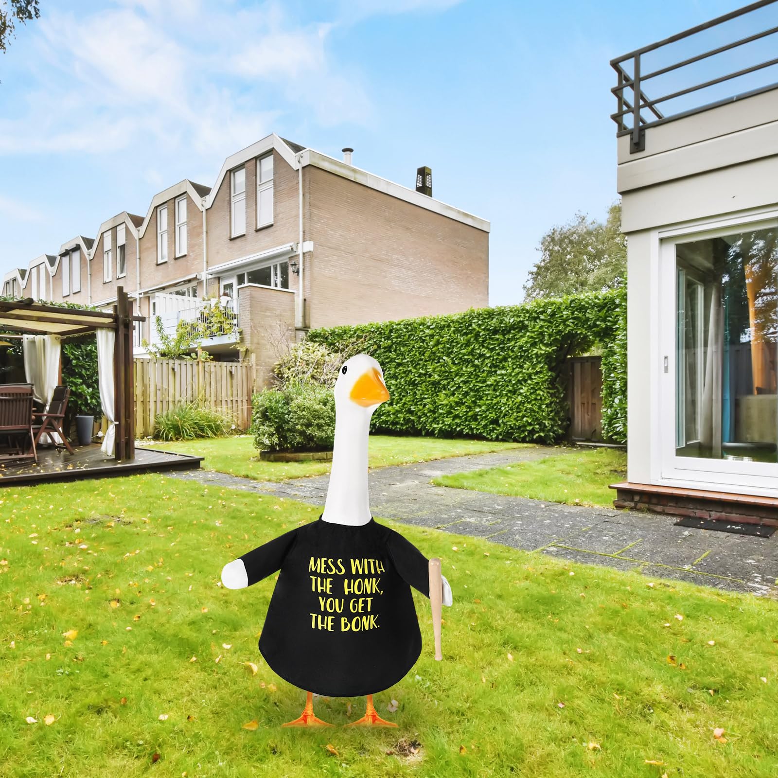 Yeyeplum baseball goose outfit in garden setting adds whimsy.