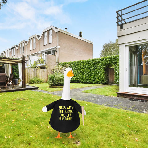Yeyeplum baseball goose outfit in garden setting adds whimsy.