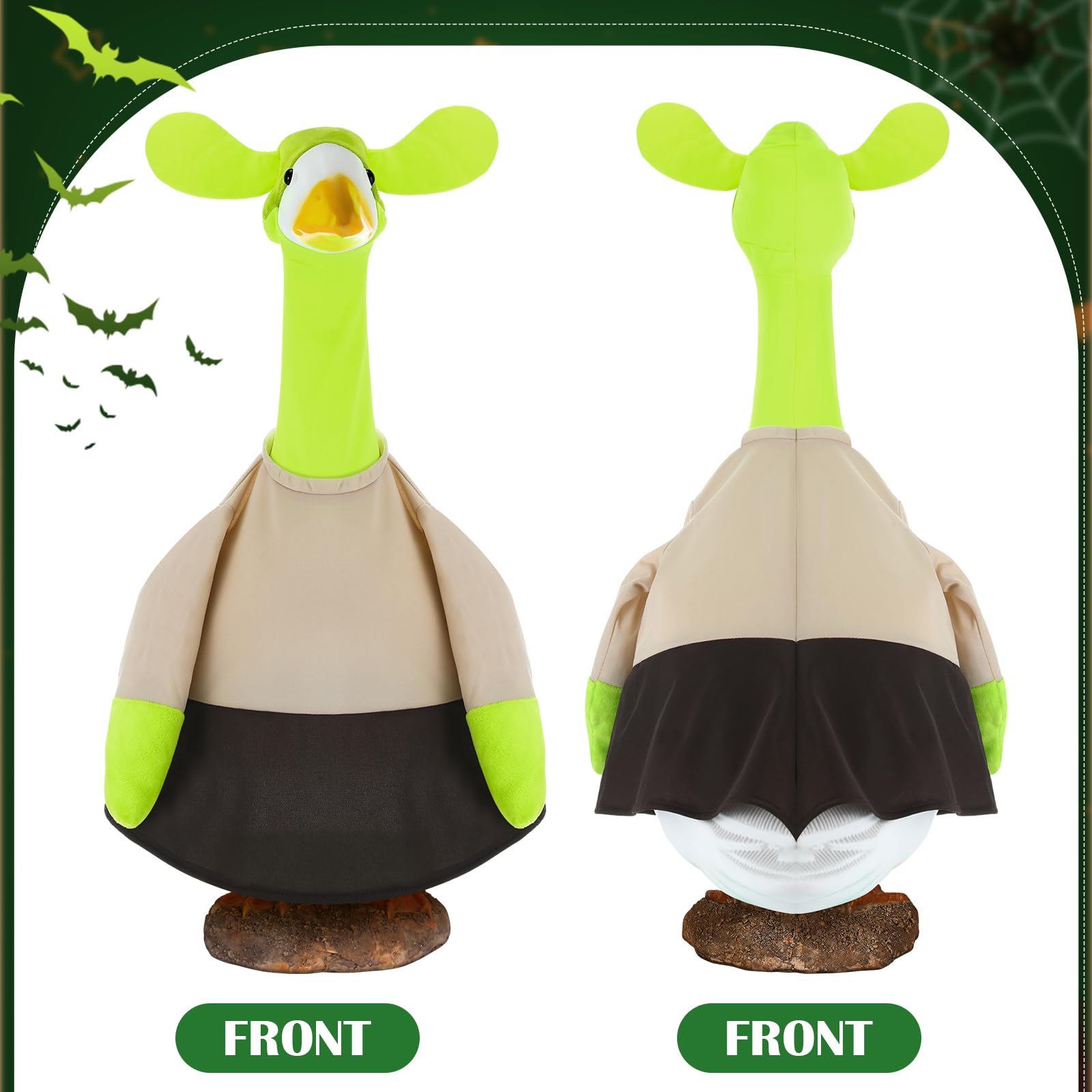 Yeyeplum goose costume in green and brown fabric enhances garden appeal.