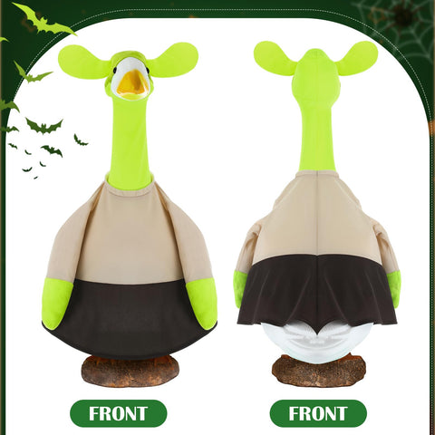 Yeyeplum goose costume in green and brown fabric enhances garden appeal.