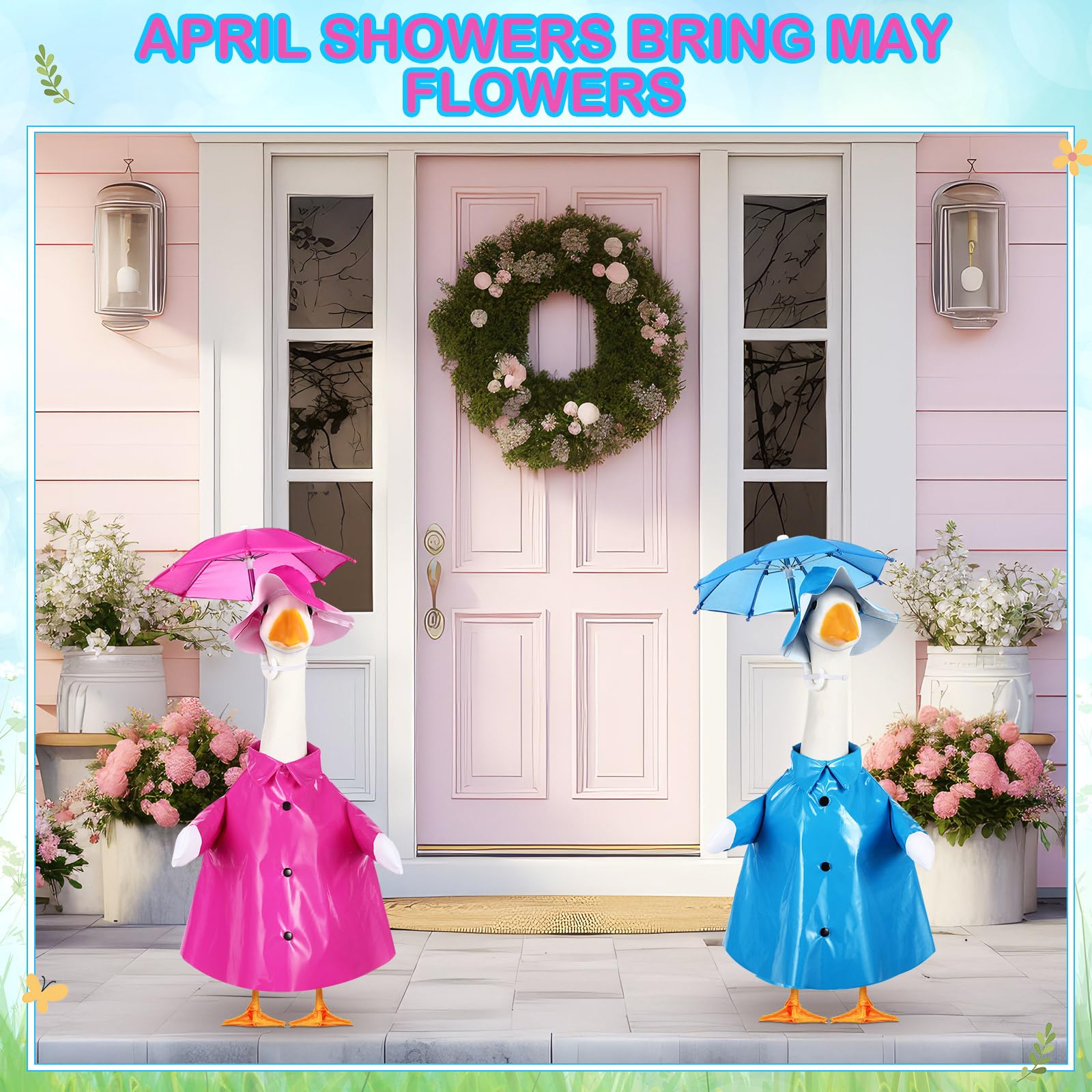 Blue umbrella accessory complements the blue raincoat