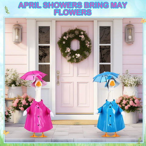 Blue umbrella accessory complements the blue raincoat