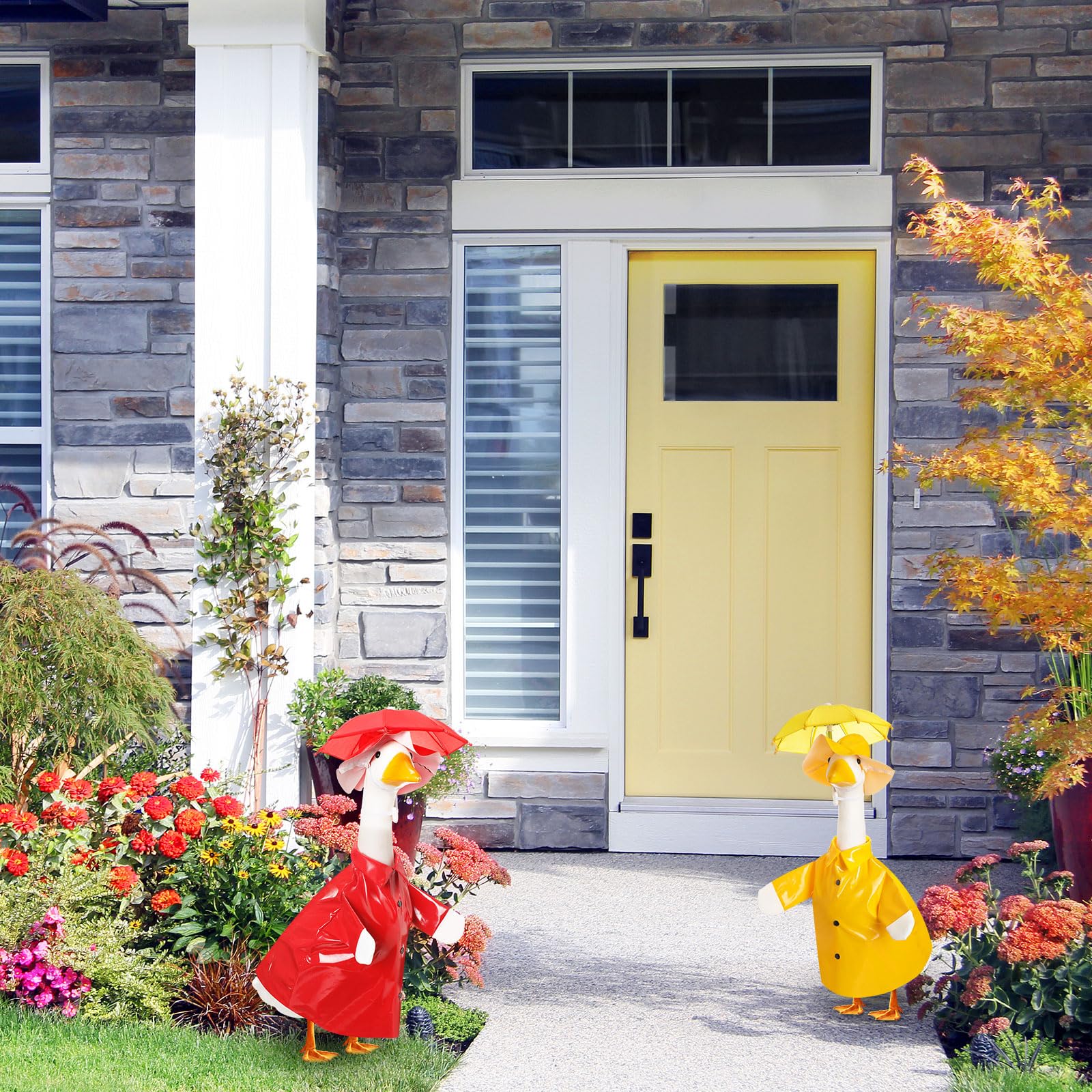 Goose outfit on statue showcasing spring porch decor with Yeyeplum