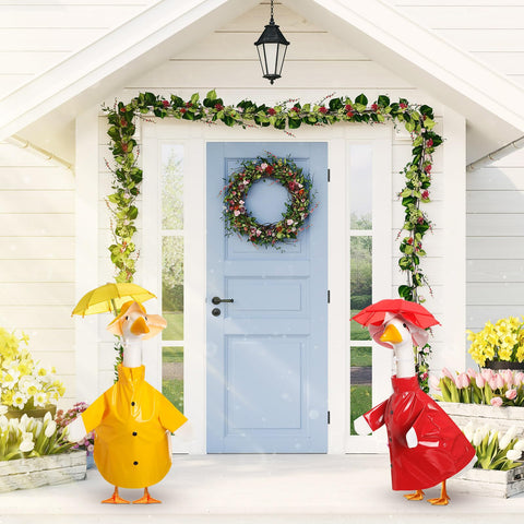 Yeyeplum goose outfits on a lawn statue enhance curb appeal during spring.