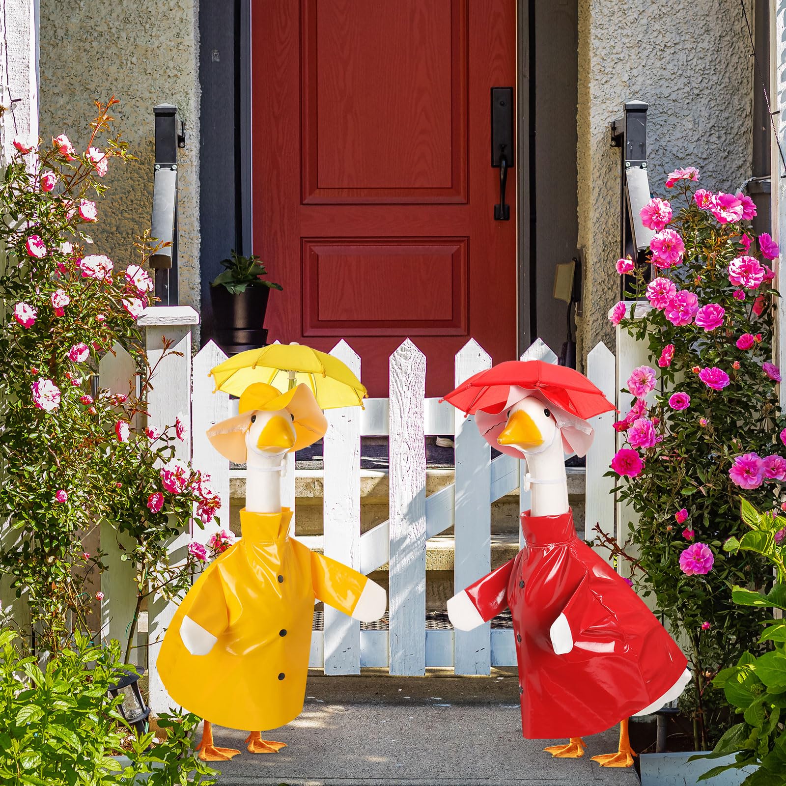 Yeyeplum spring decor with goose outfits creating a cheerful garden scene.