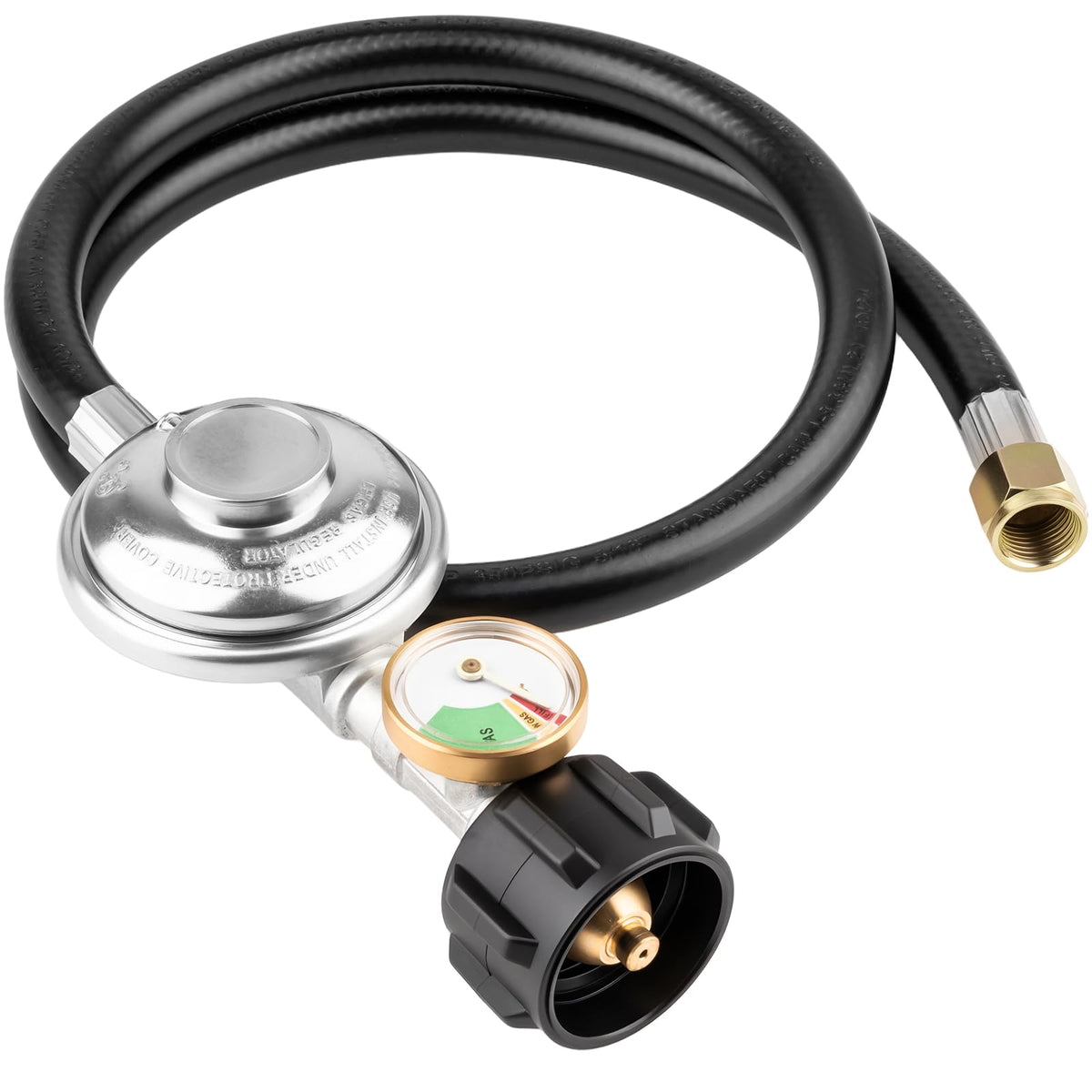 YEYETUO propane regulator hose assembly shows a secure connection for grills and heaters.
