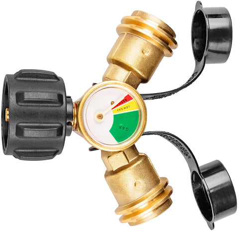 YEYETUO propane splitter 2-way assembly enabling dual-output for two appliances.