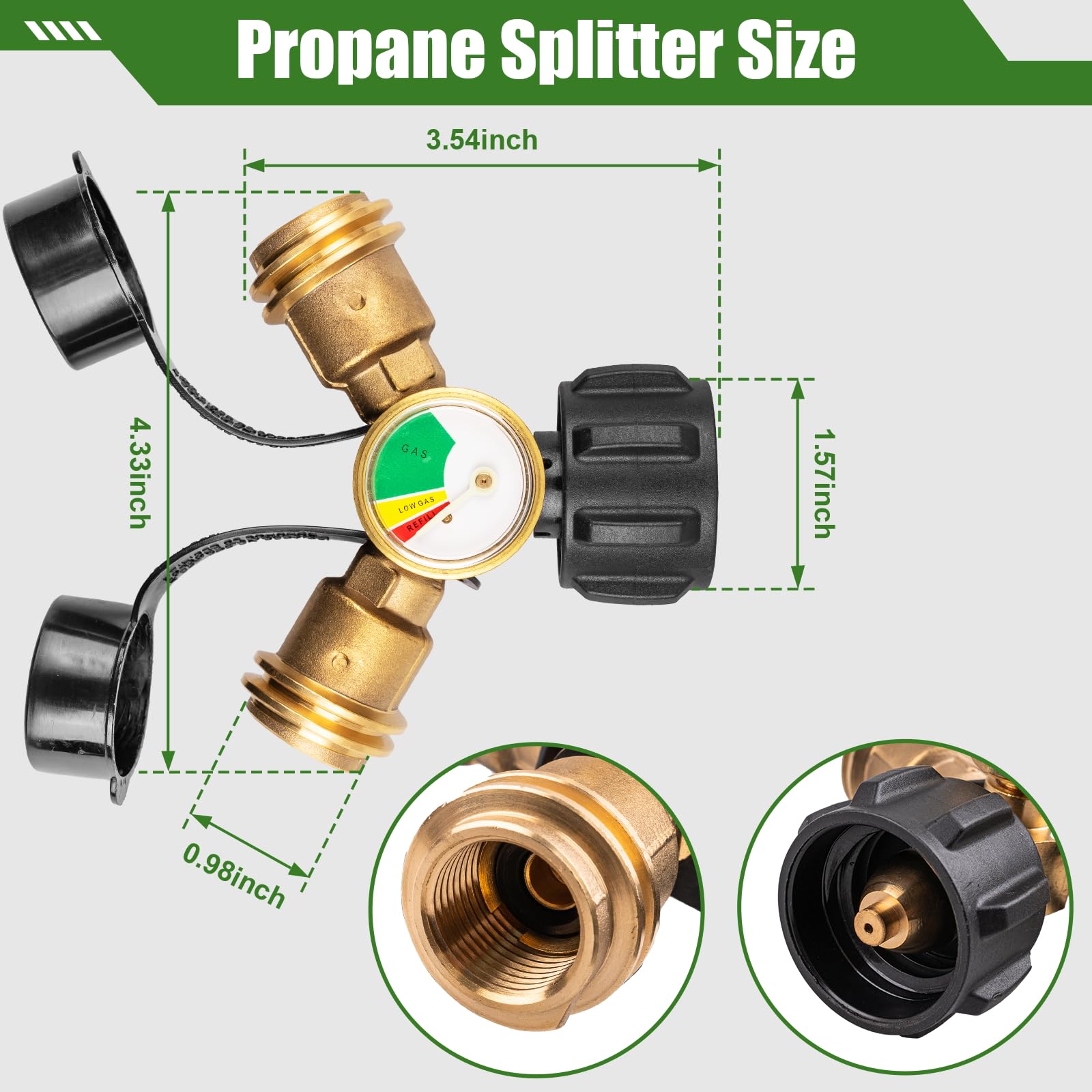 YEYETUO propane splitter gauge display shows color-coded fuel levels for easy monitoring.