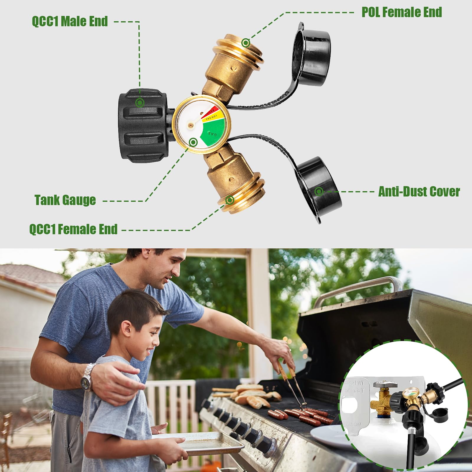 YEYETUO propane splitter with shut-off valve helps control gas flow.
