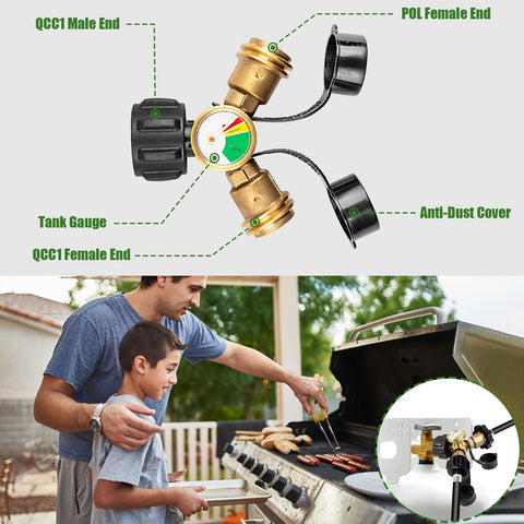 YEYETUO propane splitter with shut-off valve helps control gas flow.