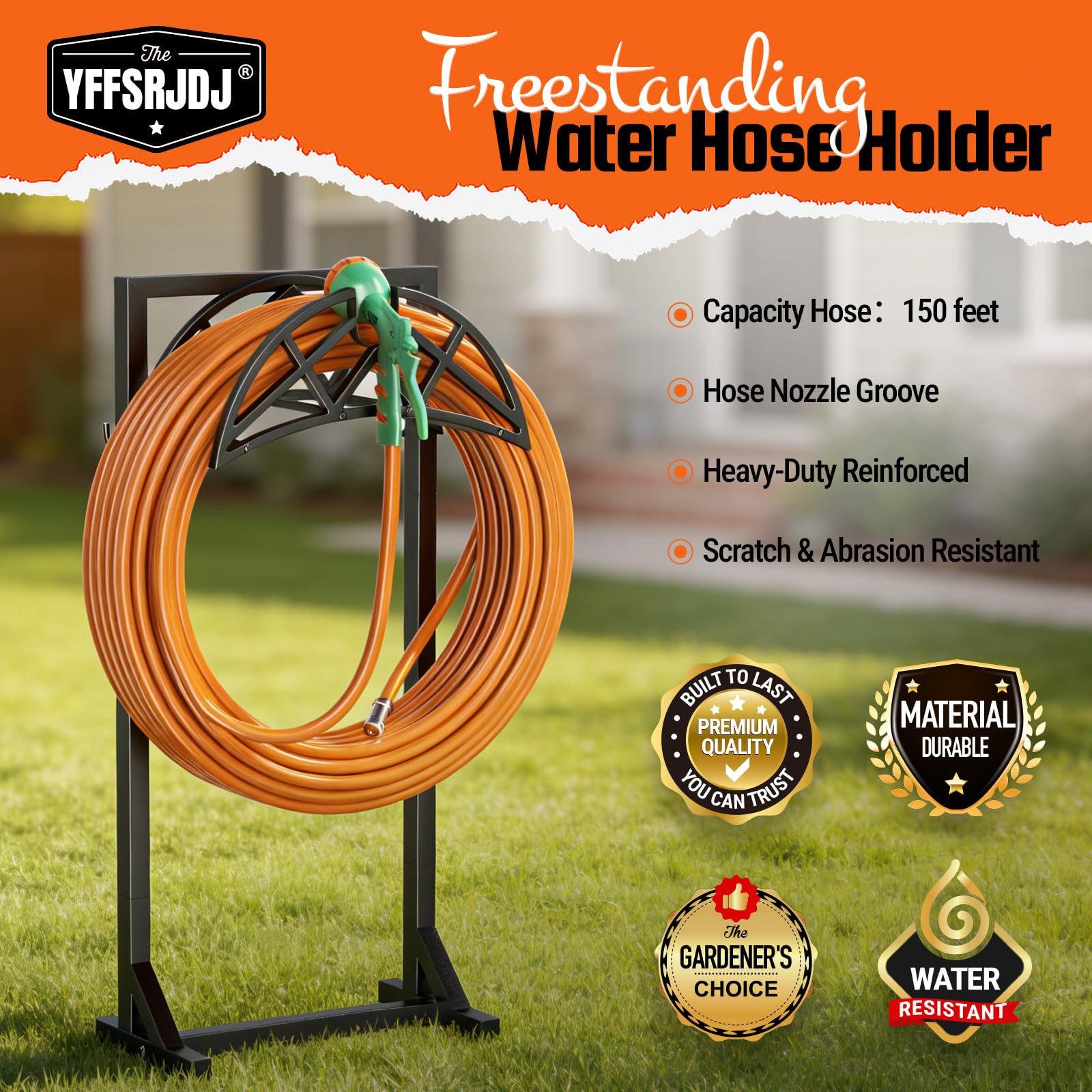 YFFSRJDJ garden hose holder features heavy-duty metal construction for long-lasting outdoor use