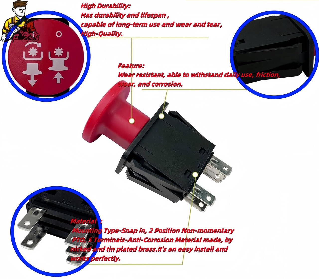 YFZS Delta PTO Switch, 5 terminals, side view for reliable deck connections.