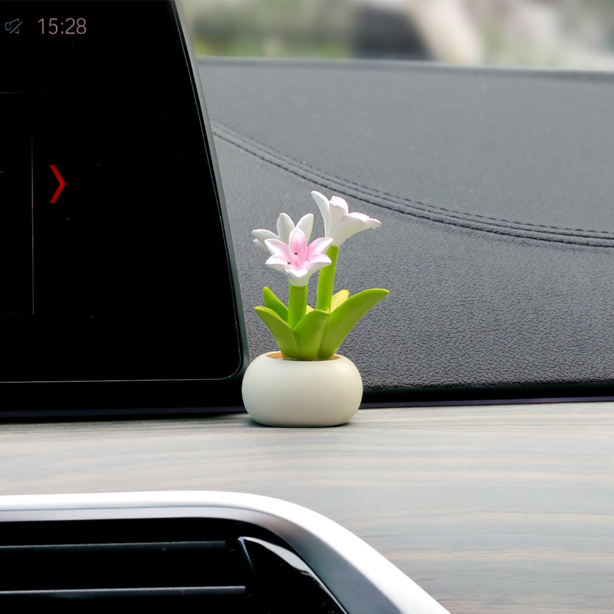 YGMONER lily flowerpot dashboard decor enhances car interior with a delicate resin bloom.