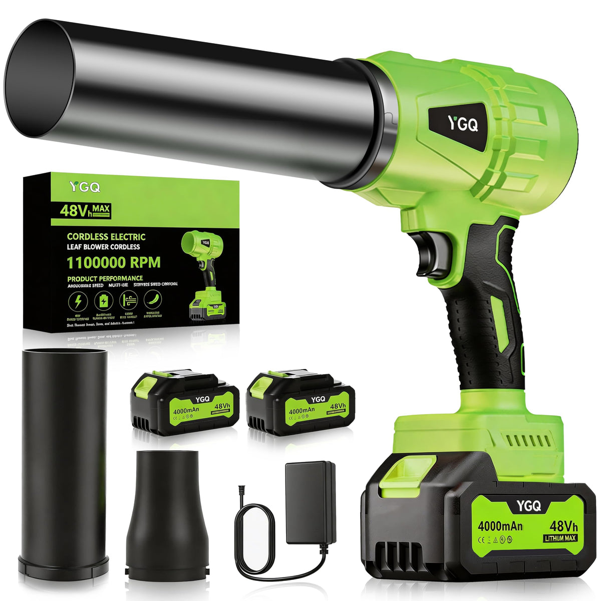 YGQ handheld leaf blower with 200 mph jet stream for quick cleanup.