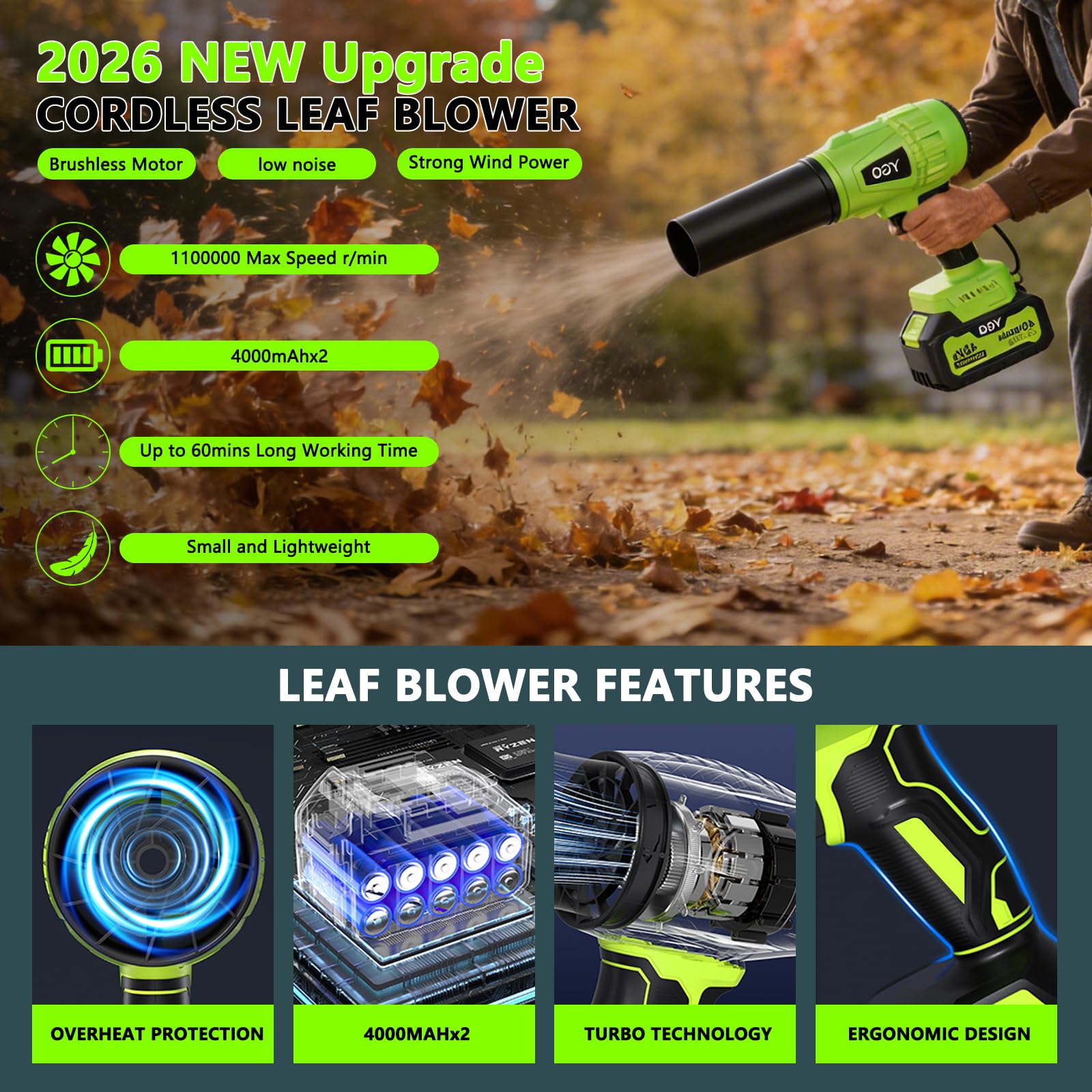 YGQ dual battery pack offers extended cordless runtime for large yards.