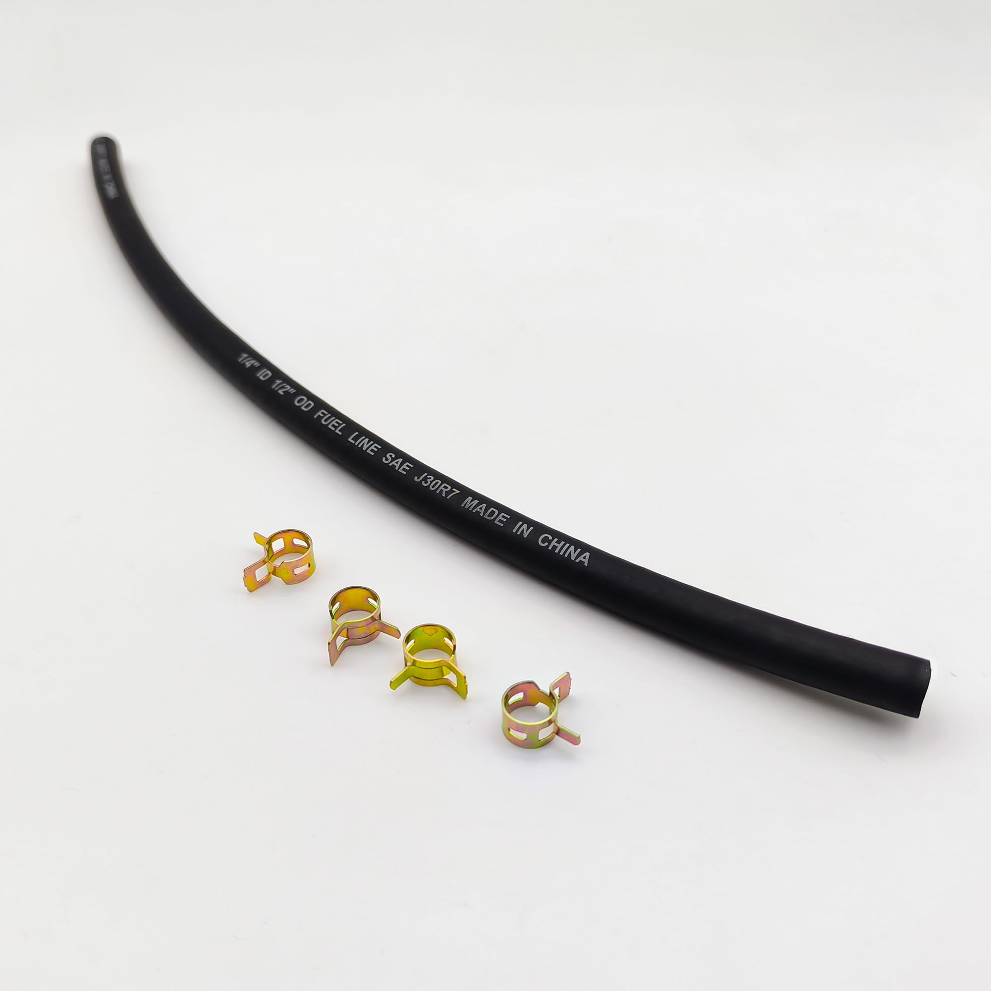 YGQ packaging shows hose and clamps for ready-to-install fuel line.