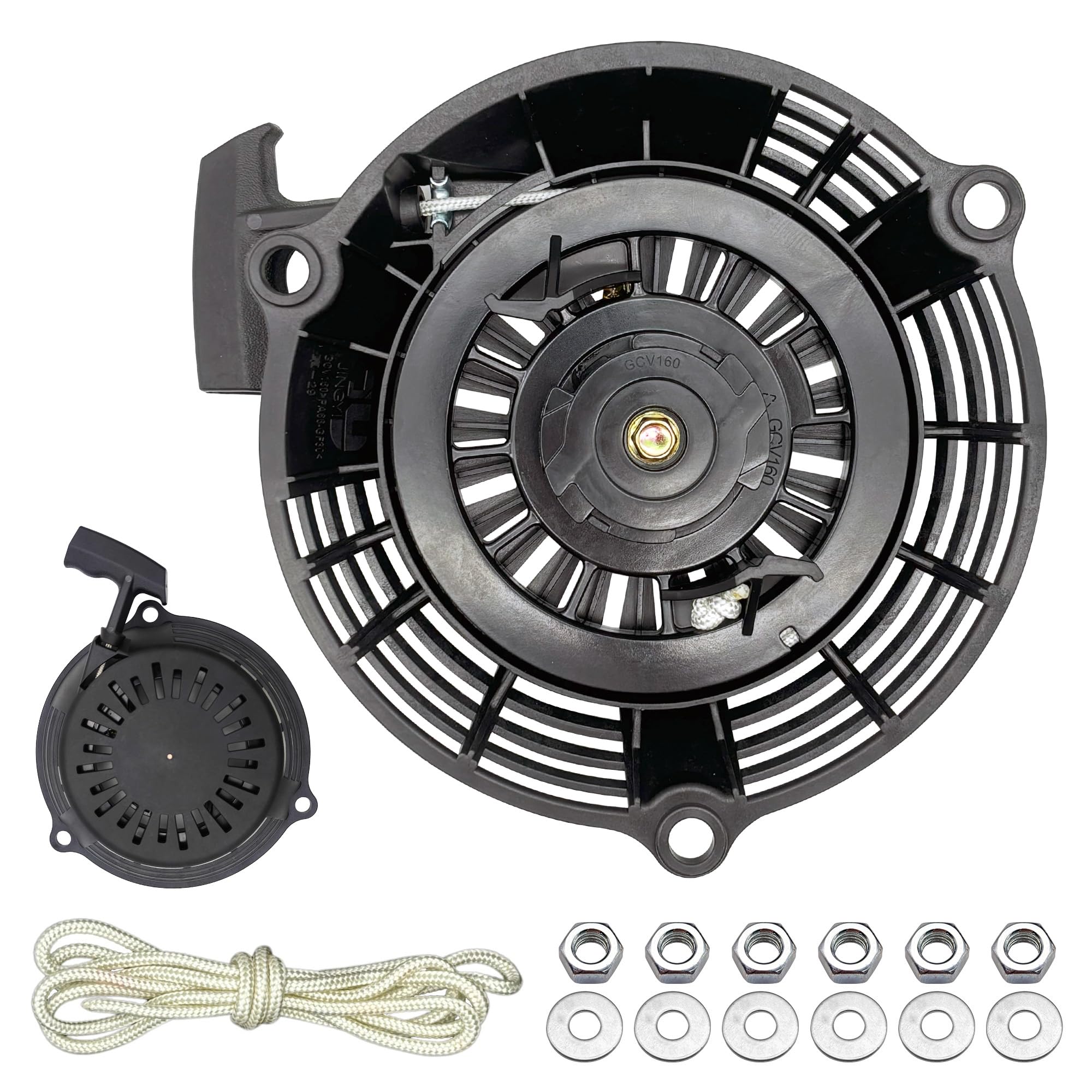 YGQ GCV160 pull-start assembly front view, durable recoil housing for quick starts.