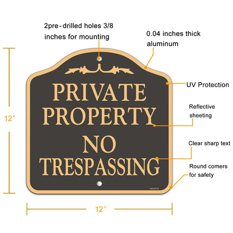 Close-up of rust-free aluminum on a YHAIATTA no trespassing sign.