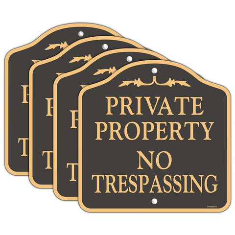 YHAIATTA four-pack no trespassing signs in rust-free aluminum for outdoor use.
