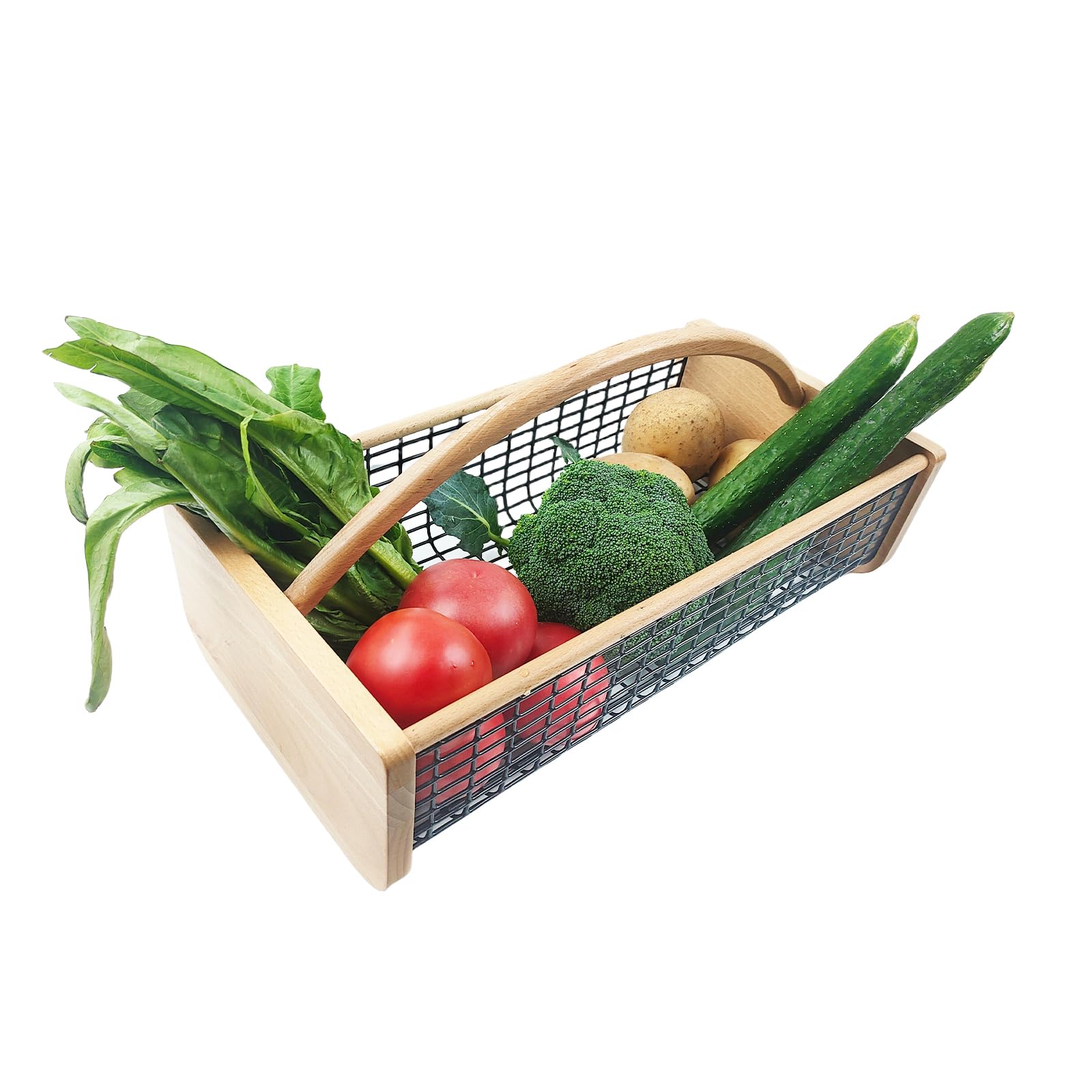 YHAOZE garden hod harvest basket with wooden handle for easy garden-to-kitchen transport