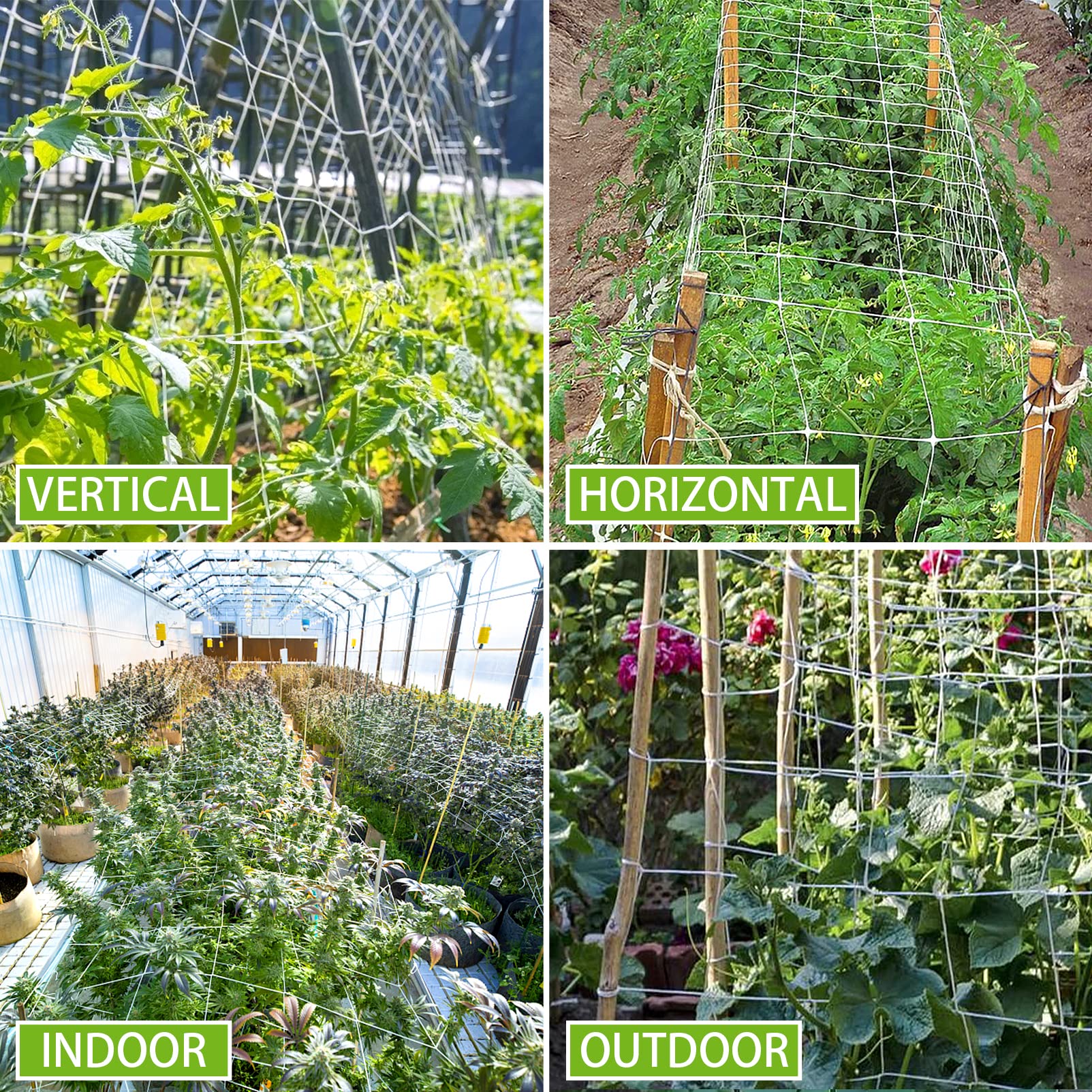 YHmall garden netting supports tomatoes, cucumbers, and peas.