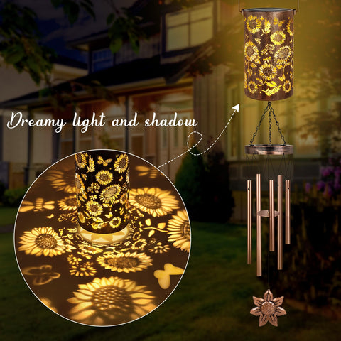 YHmall solar lantern wind chimes feature hollow lantern and soft glow at night.