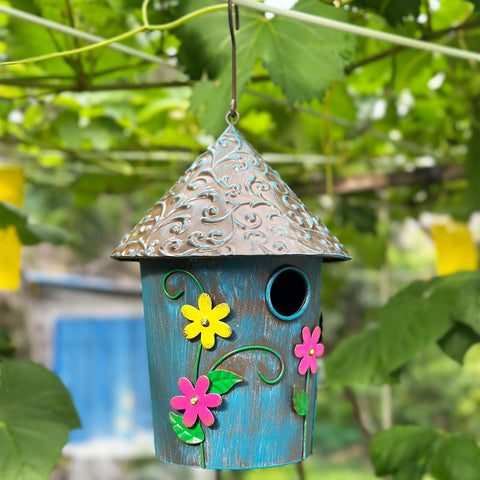 Yhthoha hand-painted metal outdoor birdhouse adds durable color to gardens