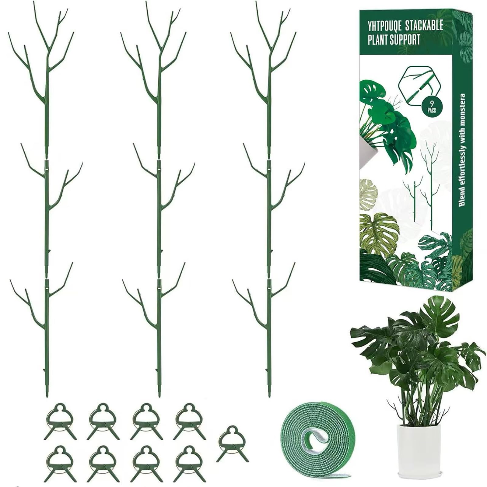 Yhtpouqe plant stake assembly shows stackable sections for adjustable height, ideal for climbing plants