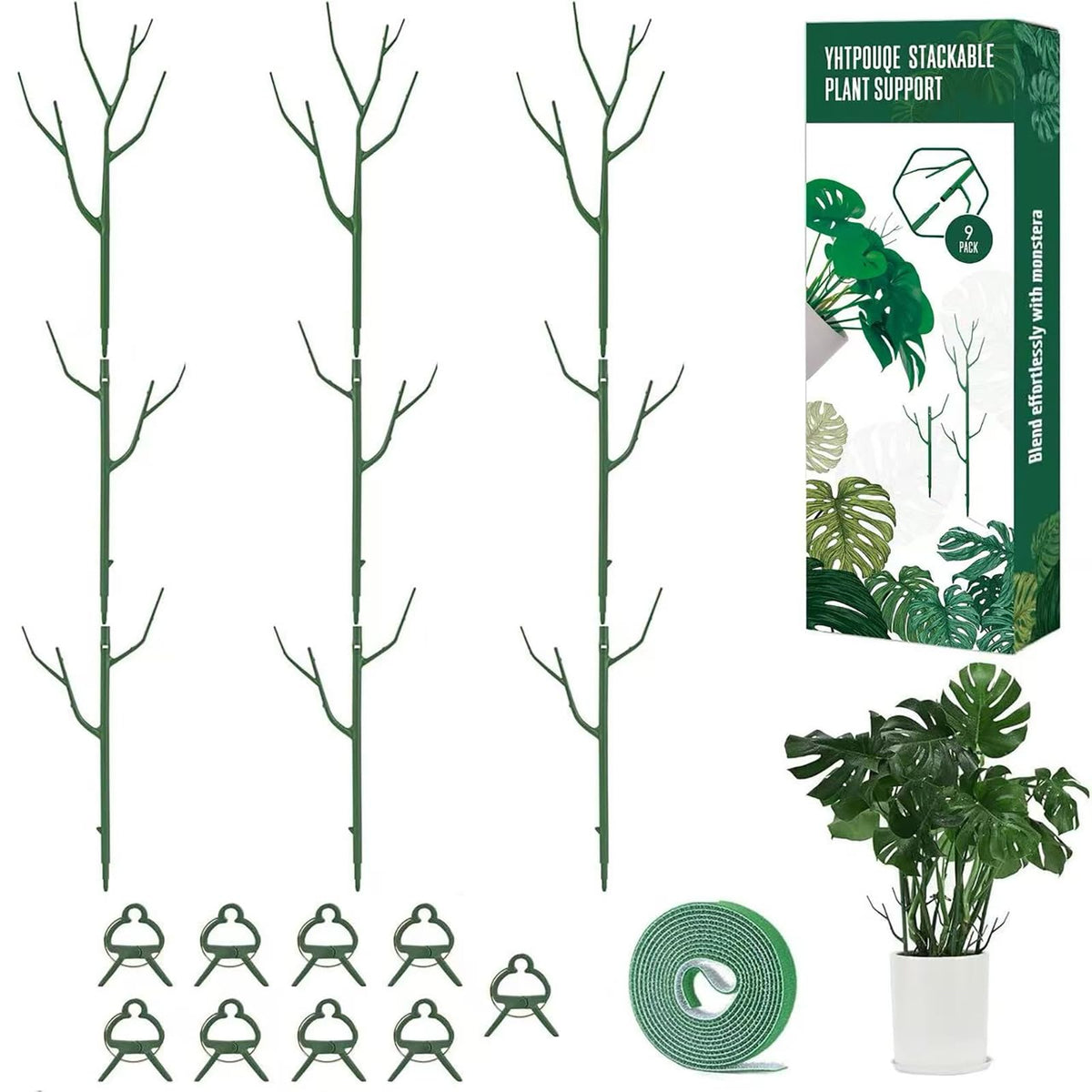 Yhtpouqe plant stake assembly shows stackable sections for adjustable height, ideal for climbing plants