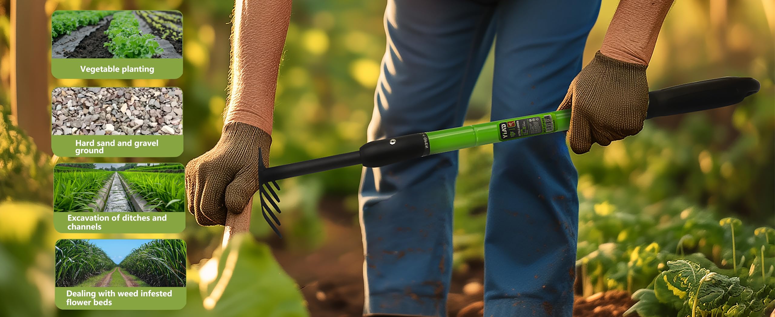YIAD Dragon Horse rake in a flower bed for precise weed control.