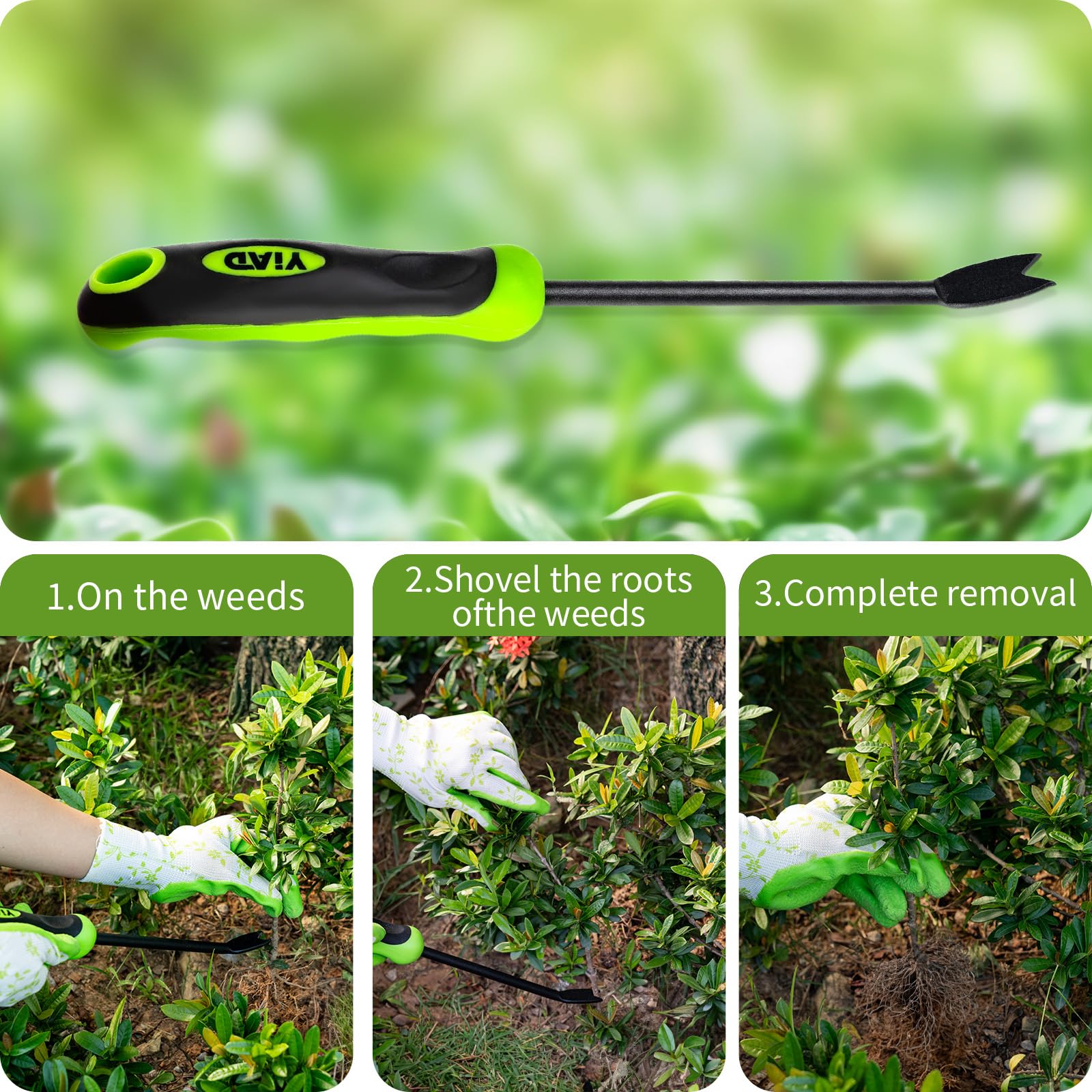 YIAD Dragon Horse hand weeder shown in lawn, patio, and flower bed scenarios.