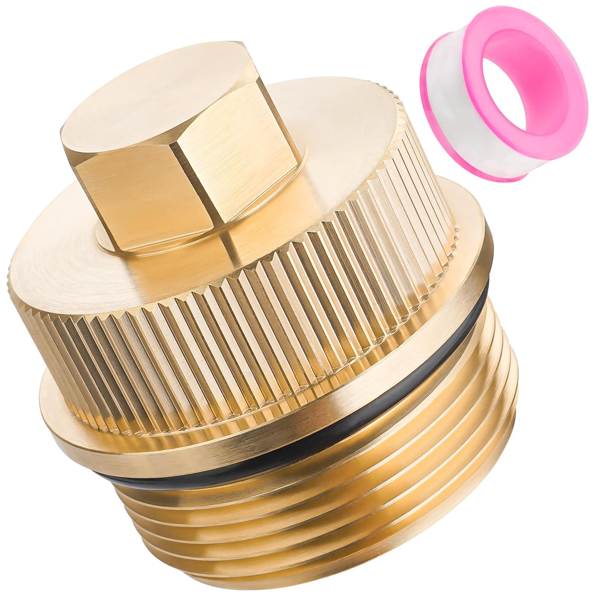 YIBEICO brass drain plug cap assembly close-up showing durable brass construction