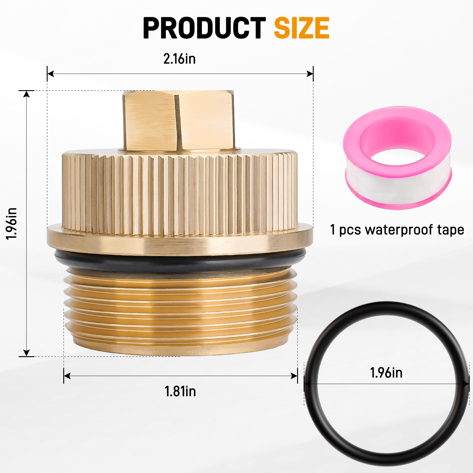 Product packaging display of YIBEICO brass drain plug cap assembly for quick installation