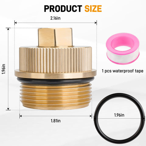 Product packaging display of YIBEICO brass drain plug cap assembly for quick installation