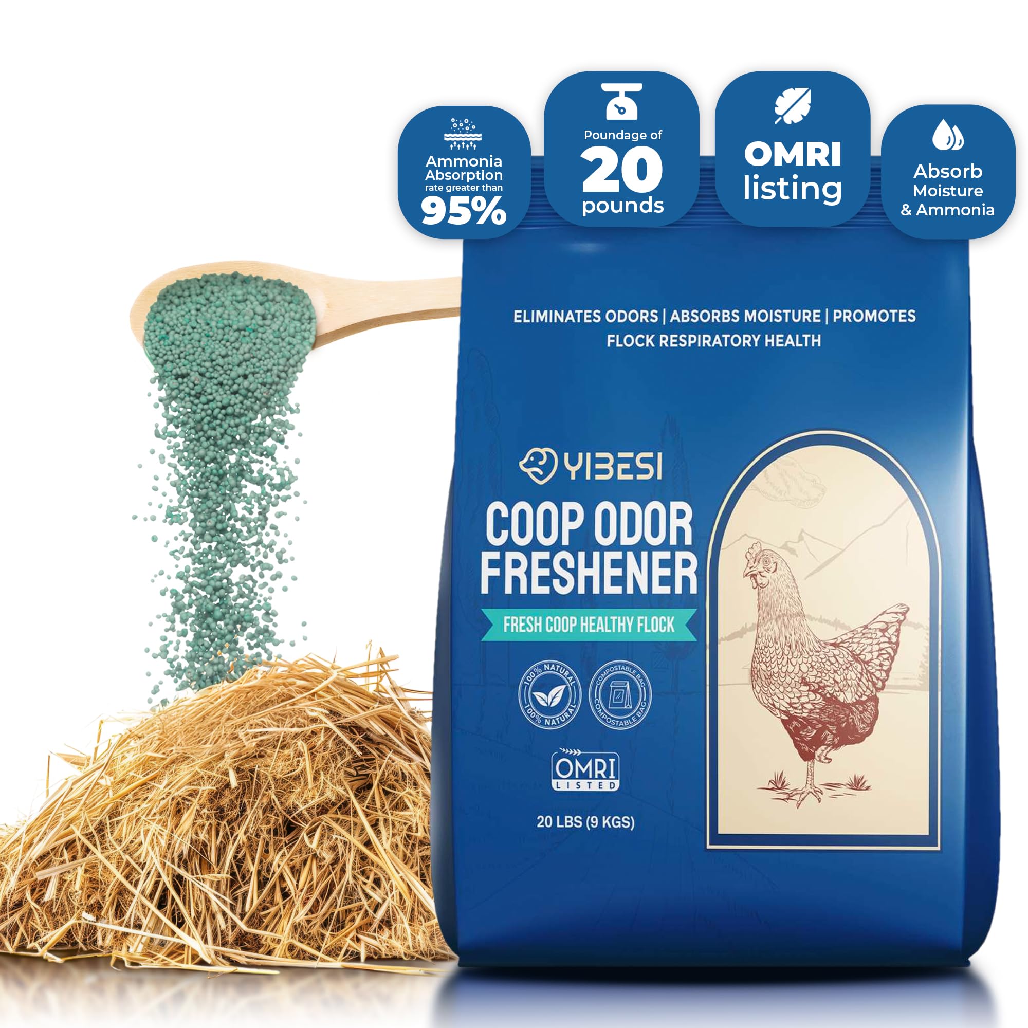 Yibesi chicken coop deodorizer being applied to bedding to reduce odors and moisture