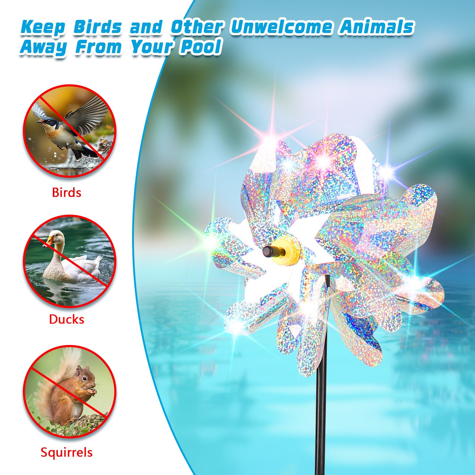 YIBOBO pinwheel shimmers in sunlight to deter birds near water