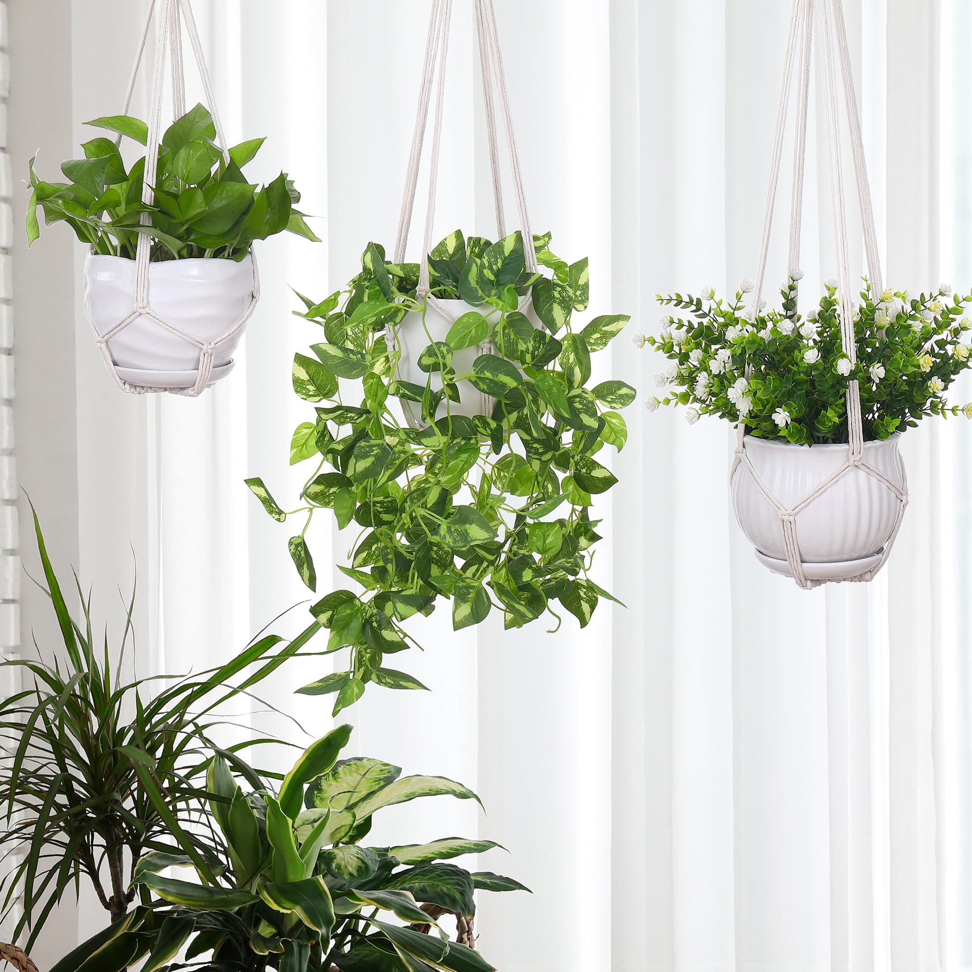 YIBOT macrame hanger ready for ceiling hook or wall bracket installation.
