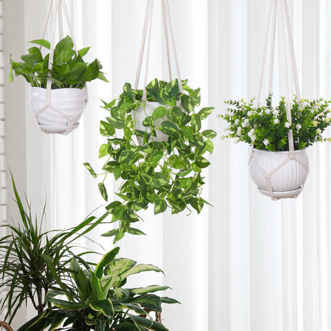 YIBOT macrame hanger ready for ceiling hook or wall bracket installation.