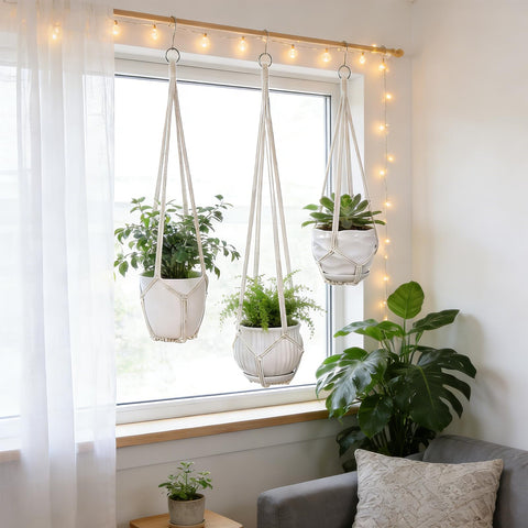 YIBOT macrame hanger with three S-hooks enables flexible pot placement.